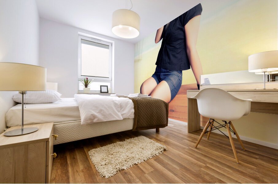 Travelling Pin-Up Girl Sitting On Vintage Luggage Mural print