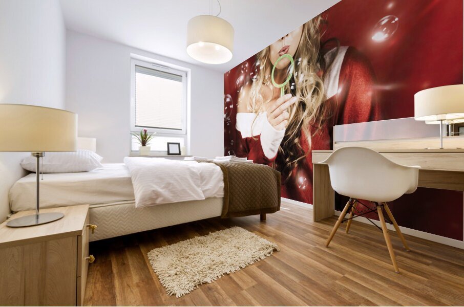 Attractive Christmas Woman Blowing Magic Bubbles Mural print