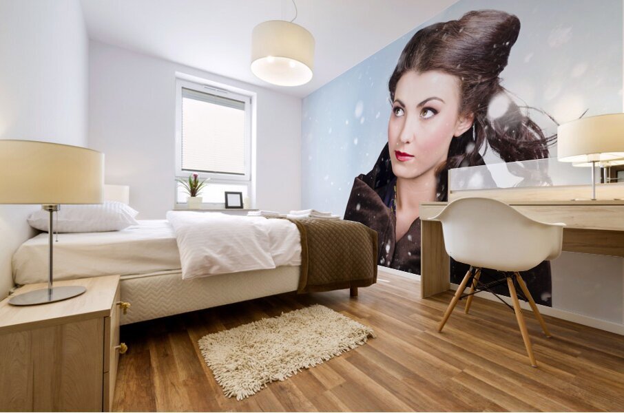 Beautiful brunette woman freezing in outdoor forest Mural print