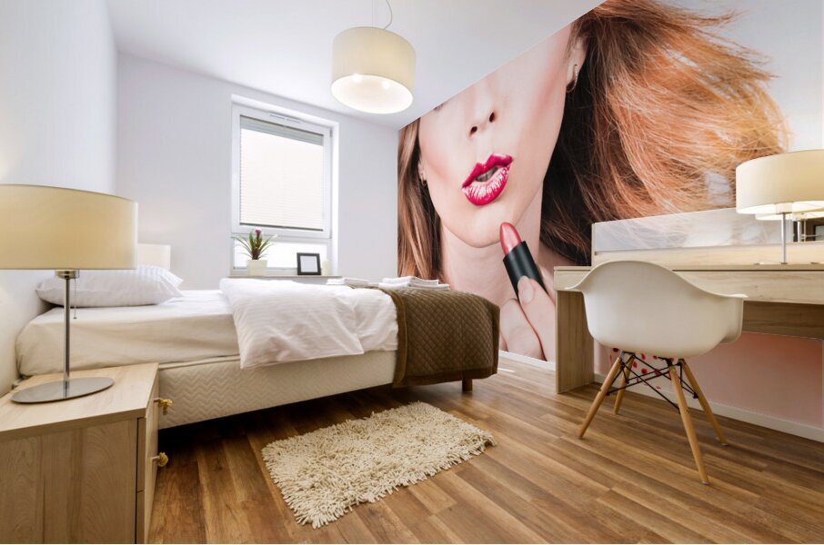 Retro beauty pin up girl applying lipstick makeup Mural print