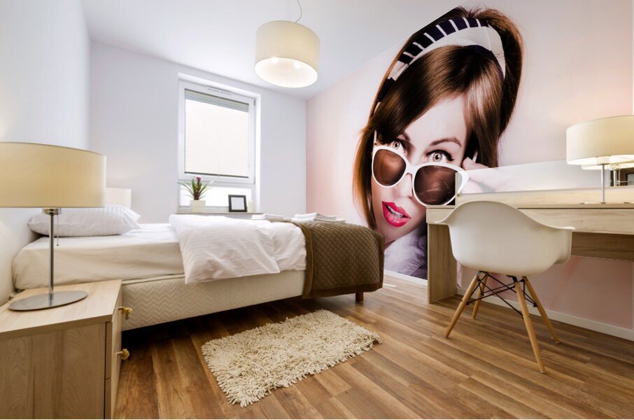 Surprised retro pop art girl wearing red lipstick Mural print