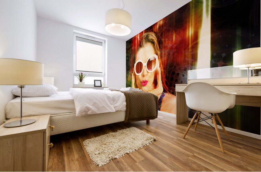 Young retro woman listening to earphones Mural print