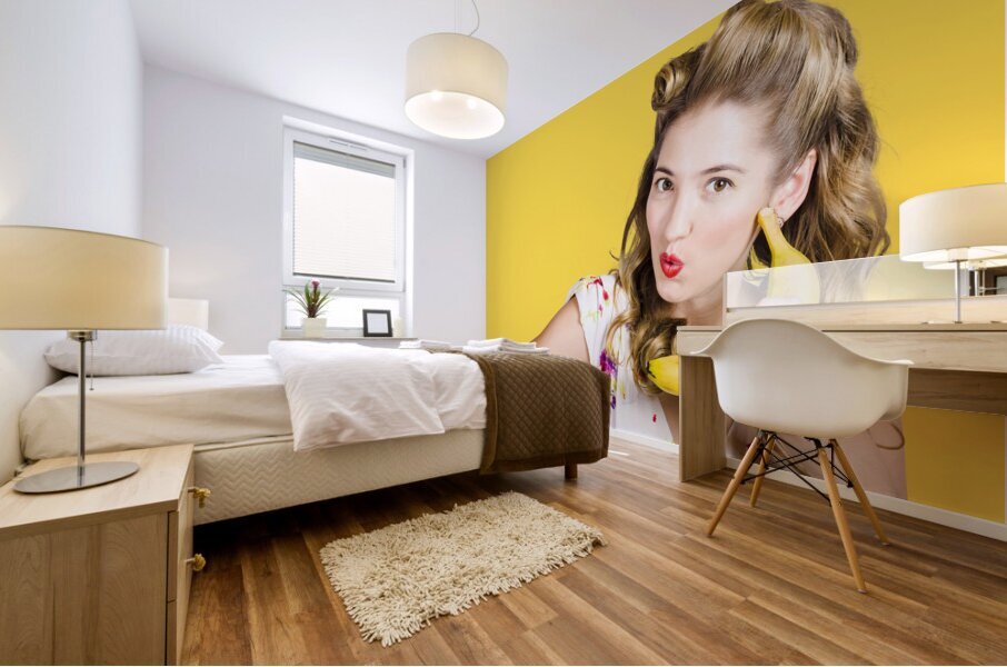 Pinup woman ordering organic fruit on banana phone Mural print