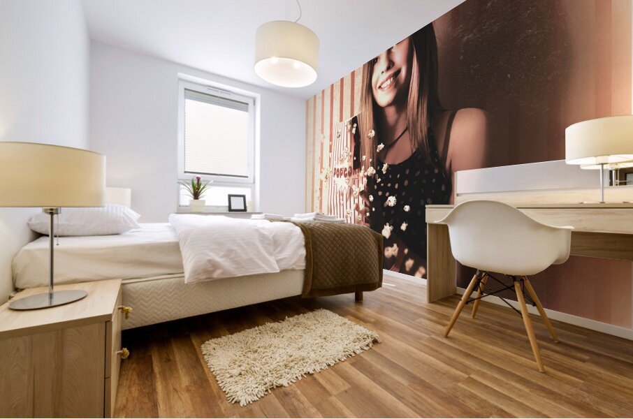 Vintage cinema girl with movie popcorn. Retro film Mural print