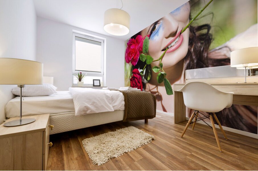 Woman With Red Roses Mural print