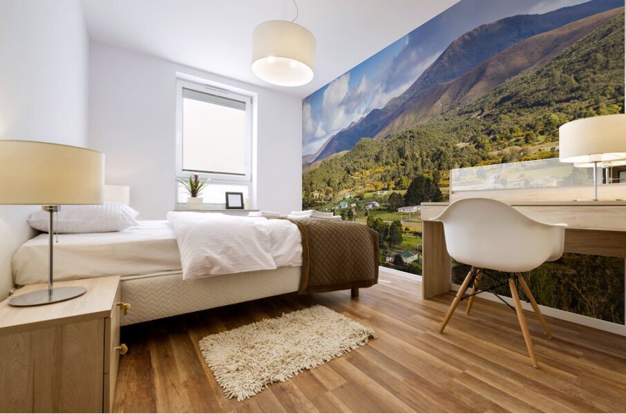 Rural landscape with mountains and valley village Mural print