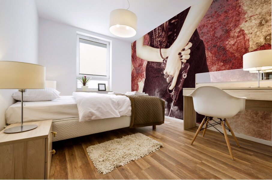 Vintage girl holding smoking German Lugar pistol Mural print