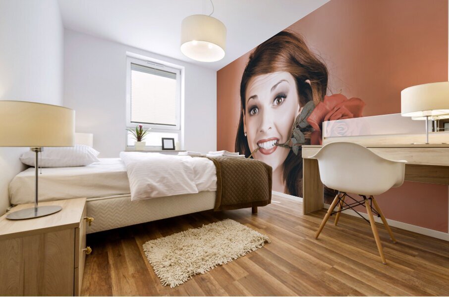 Surprised Young Woman Getting Valentine Flower Mural print