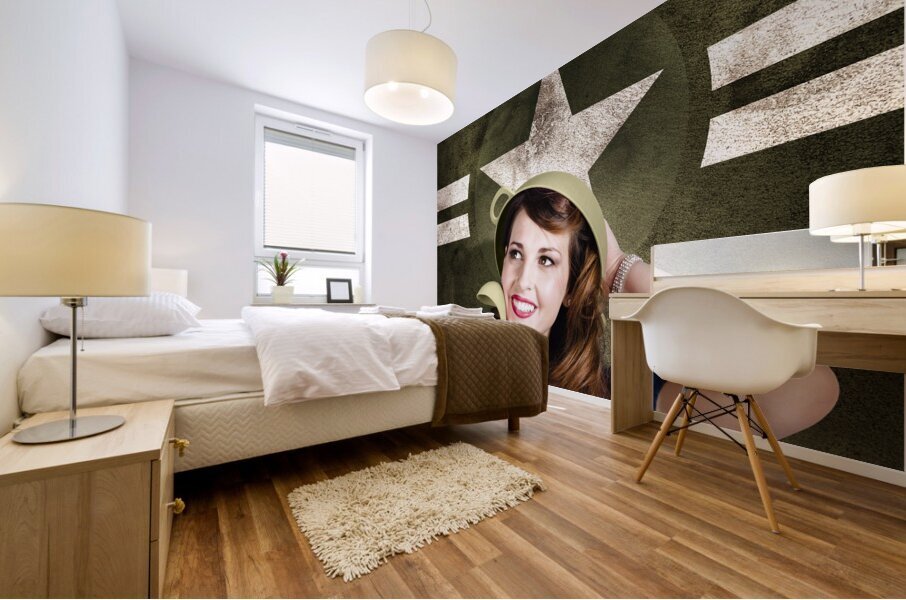 Cute military pin-up woman on army star background Mural print