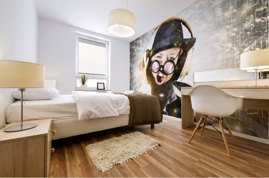 Rock man with beard listens to music on earphones Mural print