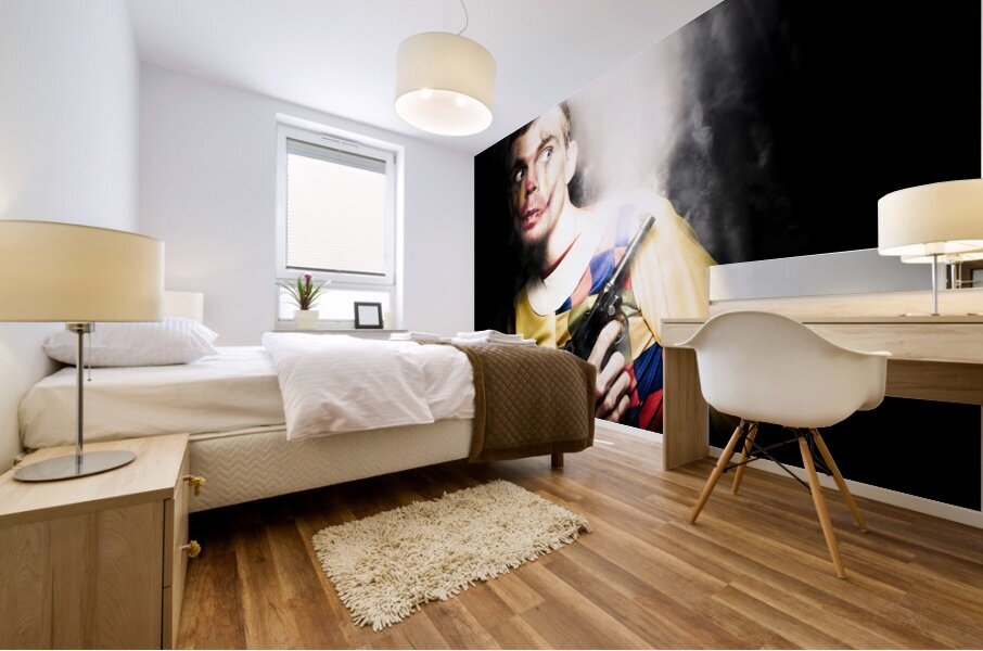 Scary Clown Standing In Shadows With Smoking Gun Mural print