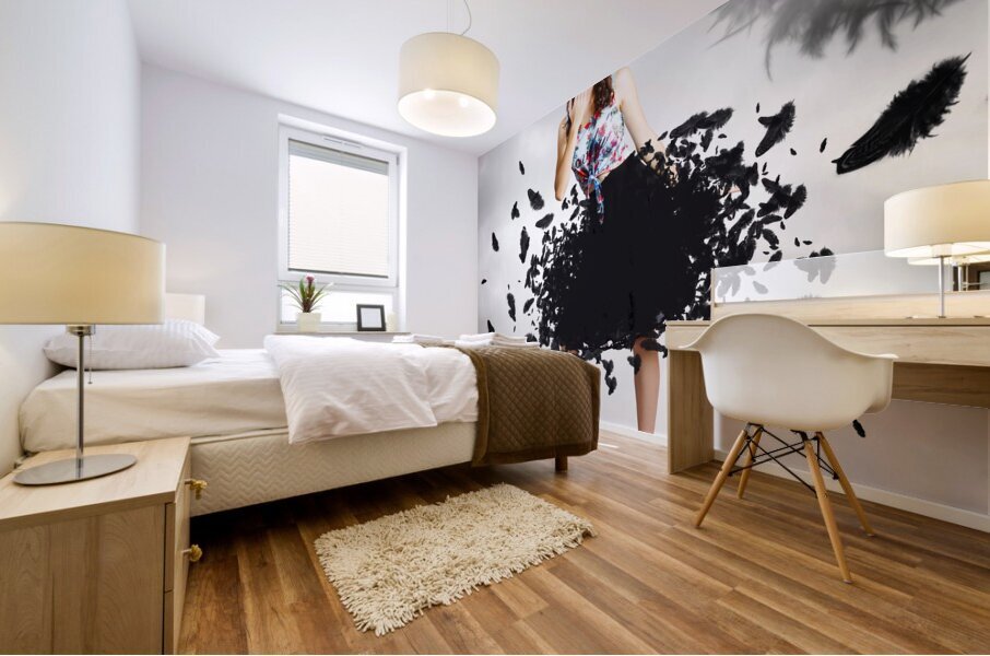 Brunette pin-up woman in gorgeous feather skirt Mural print