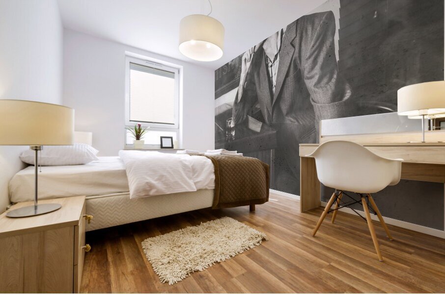 Vintage man in hat smoking cigarette in jazz club Mural print