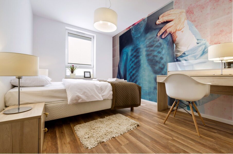 Scary clown peeking behind x-ray. Funny bones Mural print