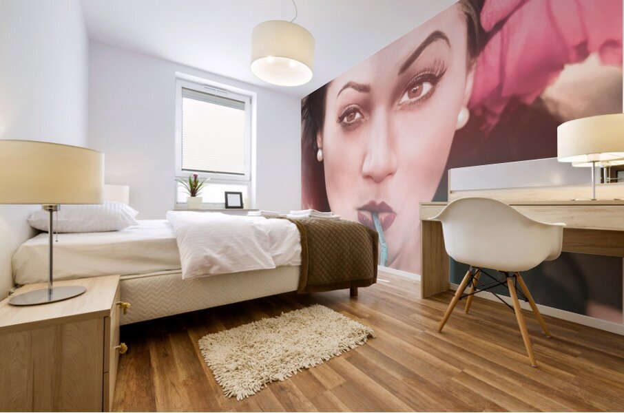 50s pin up girl drinking soda at roadside drive-in Mural print