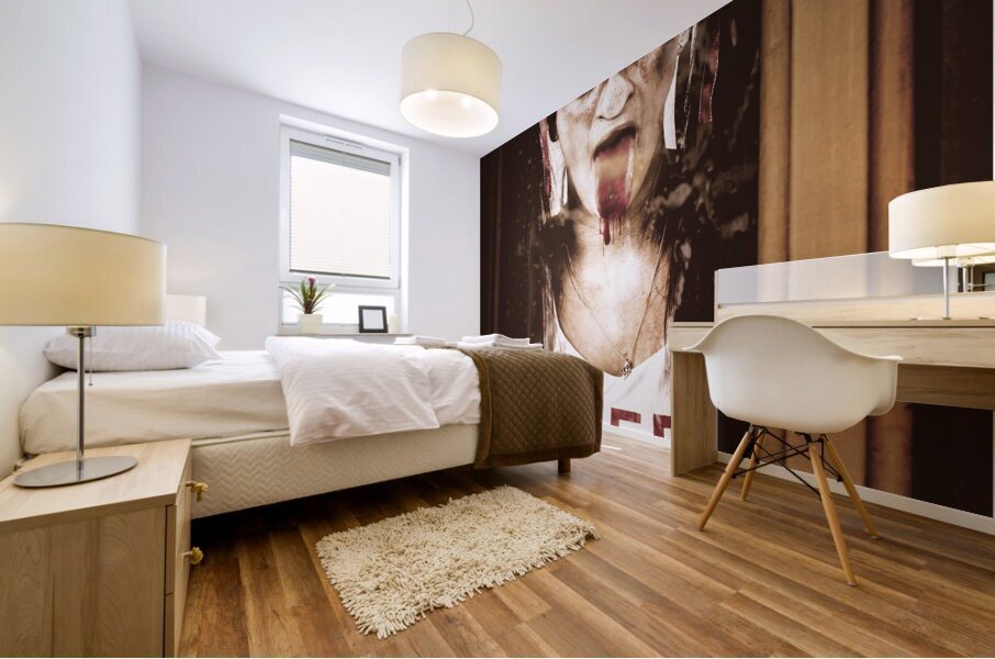 Zombie school girl pulling a funny face on glass Mural print