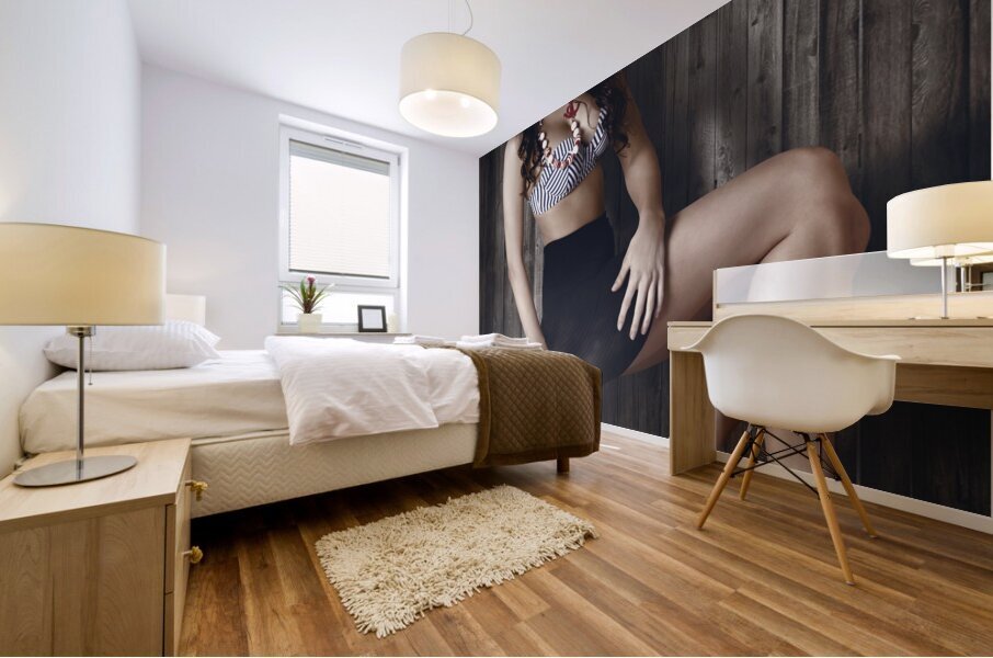 Young brunette pin-up woman on old film projector Mural print