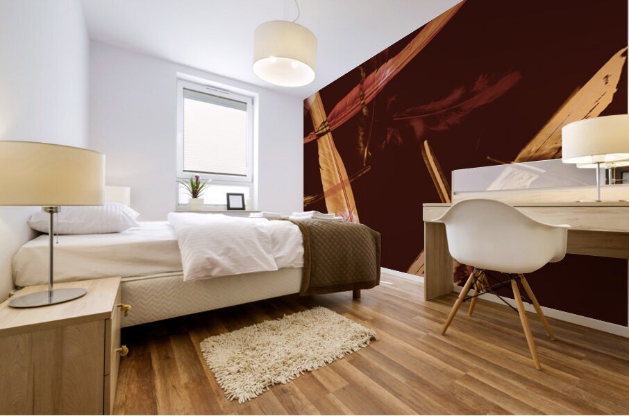 Abstract feathers falling on brown background Mural print