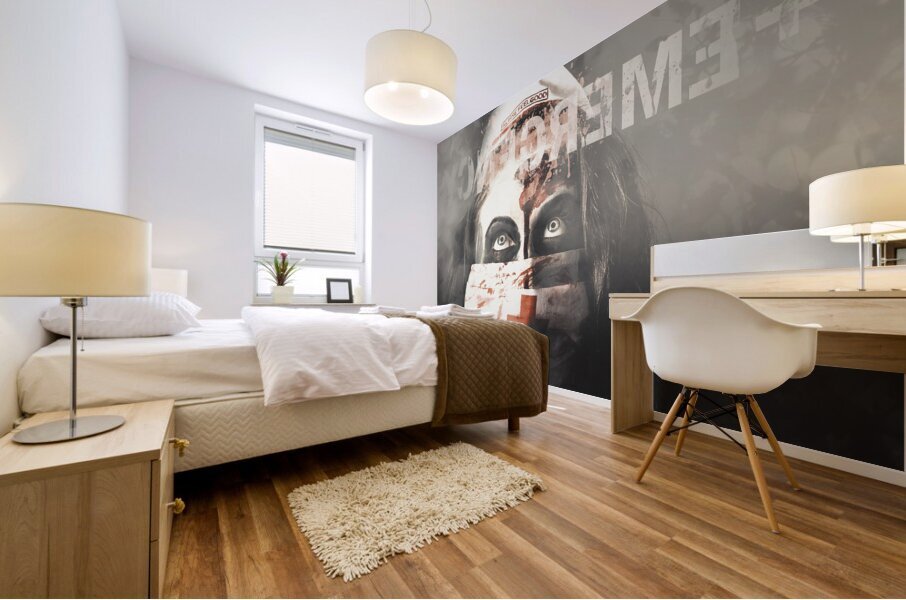 Crazy nurse of death looking at emergency sign Mural print