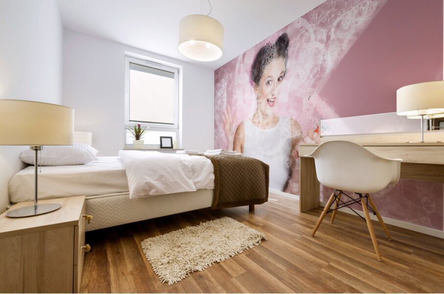 Retro window cleaning girl looking at clean glass Mural print