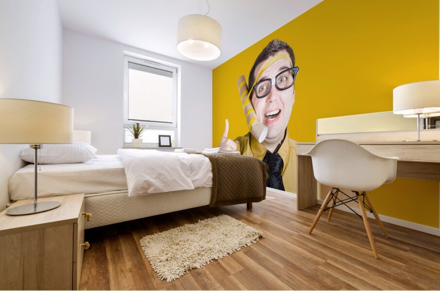 Inventive businessman with new technology Mural print