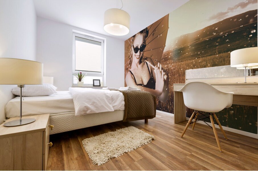 Vintage American pin-up girl in summer rain Mural print