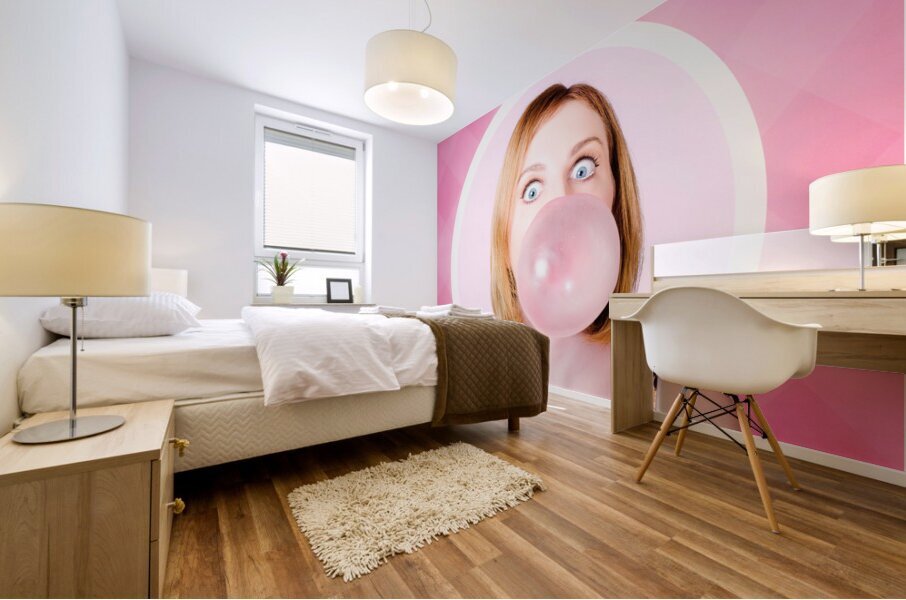 70s pin-up girl blowing pink bubble gum ball Mural print