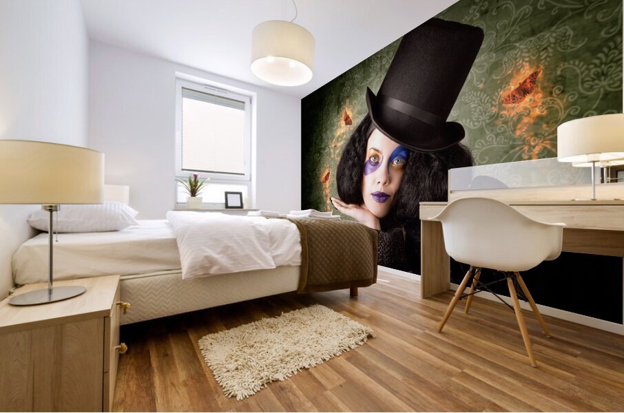 Stylish female magician performing magic trick Mural print