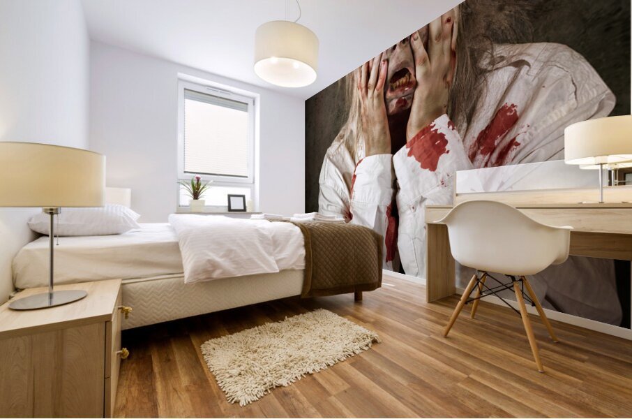 Shock horror. Surprised businesswoman zombie Mural print