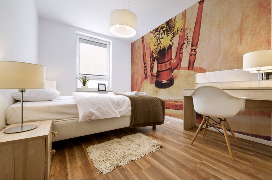 Decorated flower bunch on old wooden chair Mural print