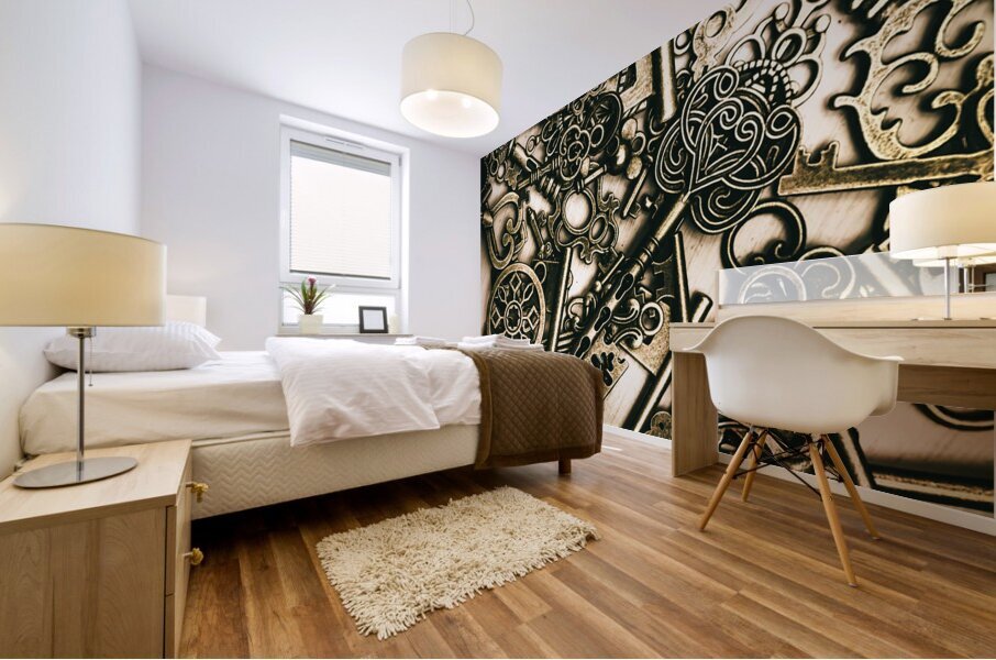 Vintage keys on wooden table Mural print