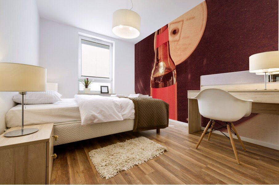 Beer bottle on bar counter top with vinyl record Mural print