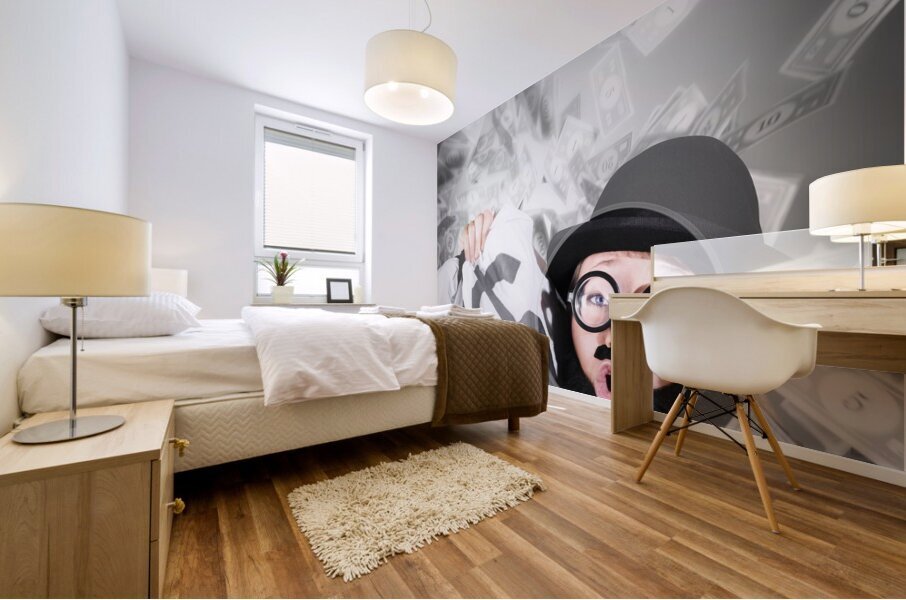 Funny businessman with falling money. Success Mural print