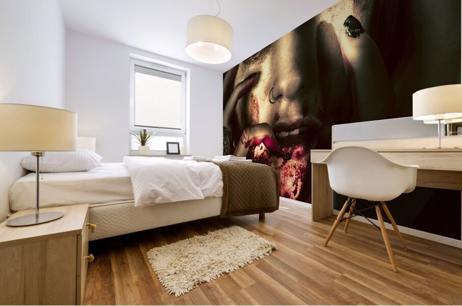 Dark scary female face expressing bloody fear Mural print