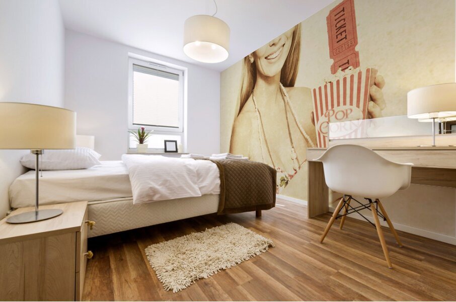 Vintage Woman With Pop Corn And Movie Tickets Mural print