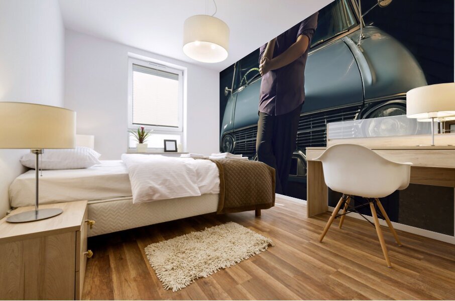 1950s private eye investigator with smoke on car Mural print