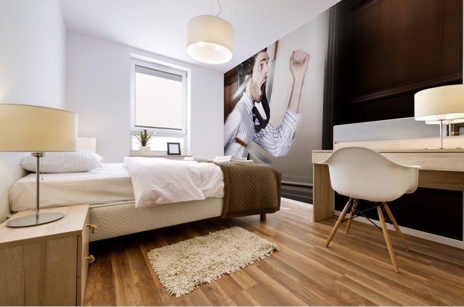 Crazy businessman running in fear from danger Mural print