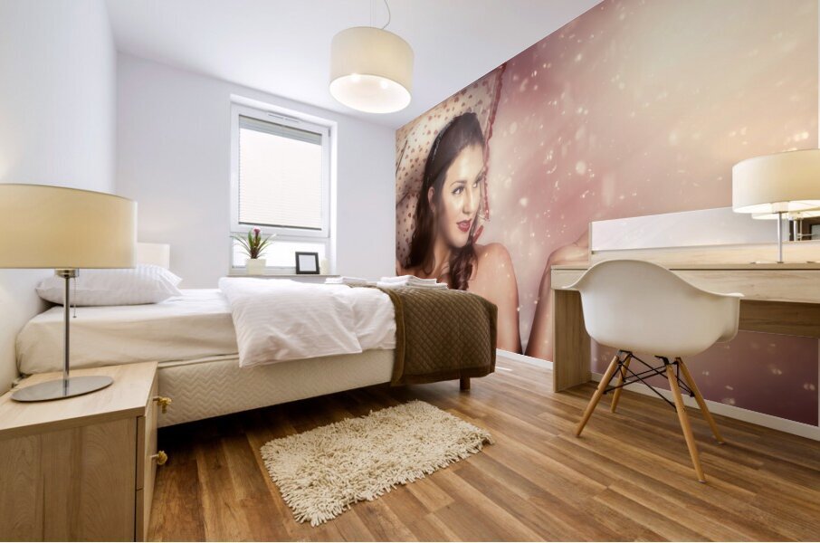 Beautiful woman catching rain in summer sun shower Mural print