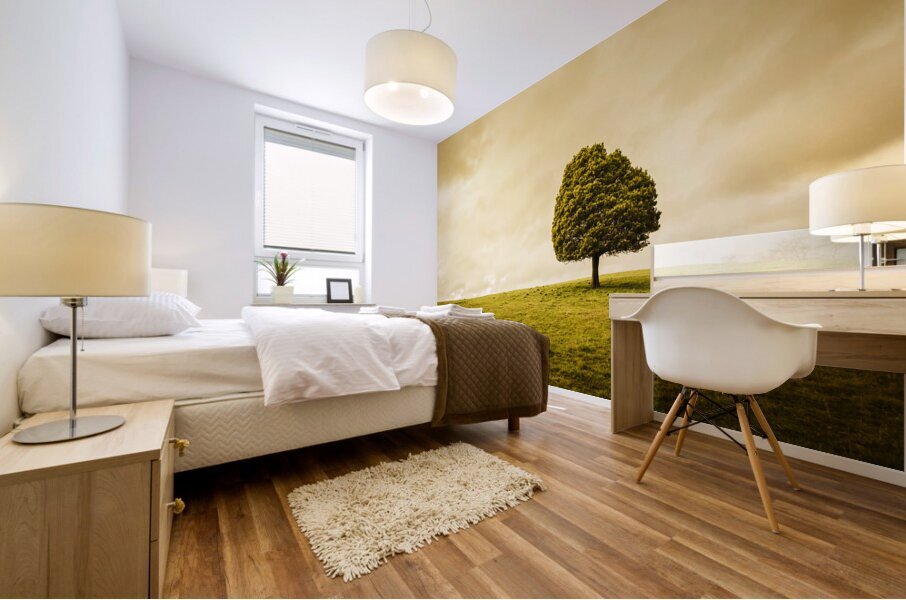 Single green tree in meadows of old Mural print