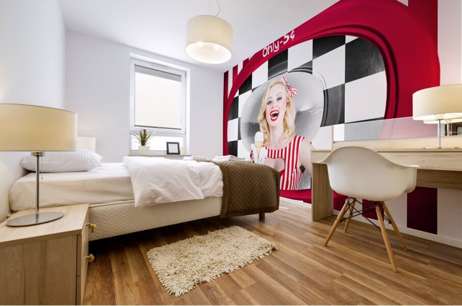 Beautiful blonde woman serving ice cream Mural print