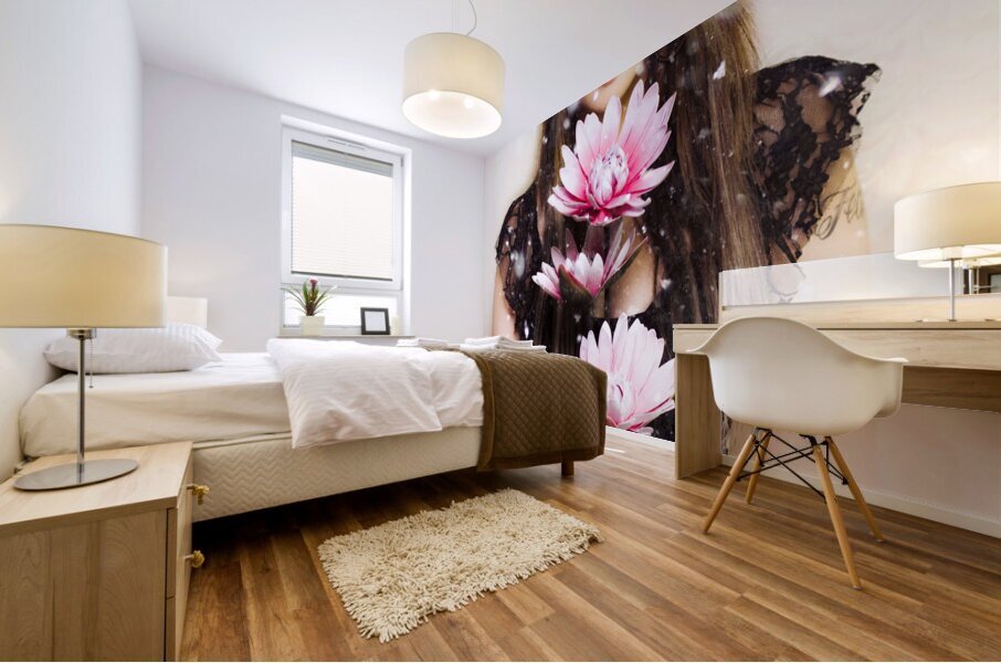 Beautiful young woman holding a delicate flower Mural print