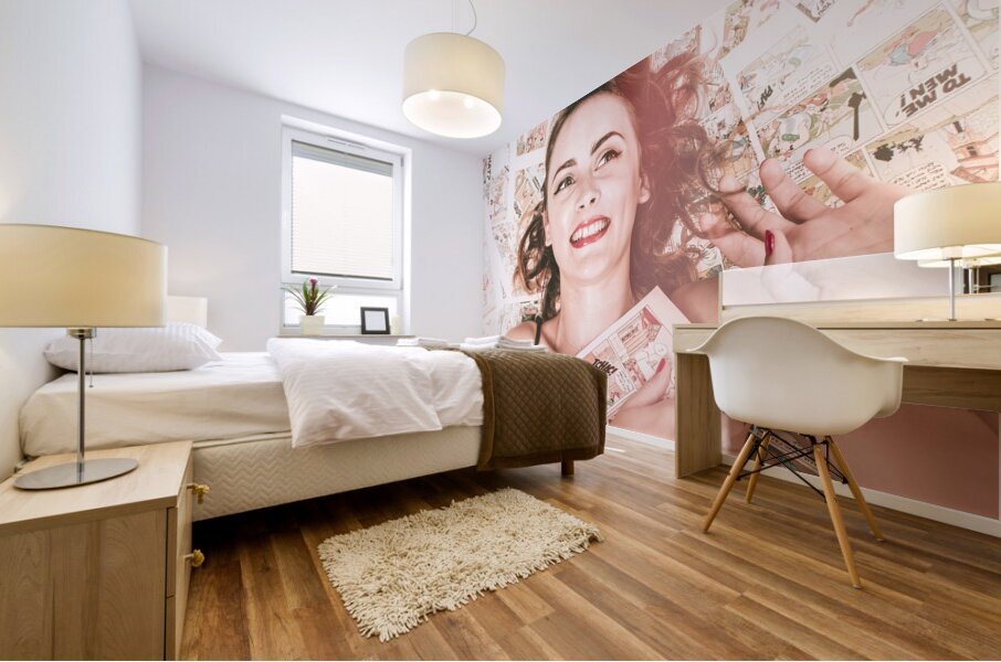 Pinup woman with cartoon character love Mural print