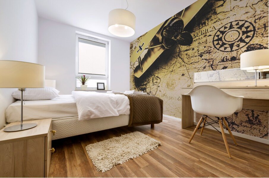 Antique Biplane On Old Map Mural print