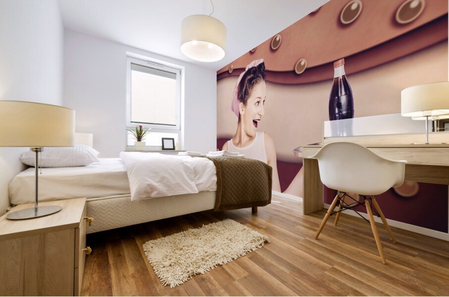 Retro pinup girl holding food and drinks tray Mural print