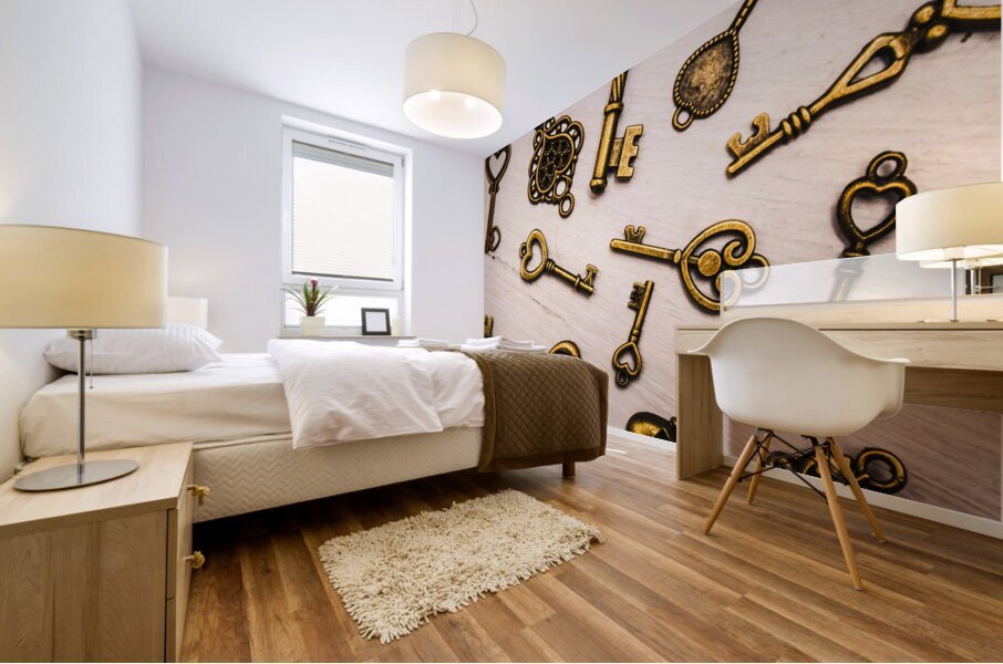 Metal keys of different size on wooden table Mural print