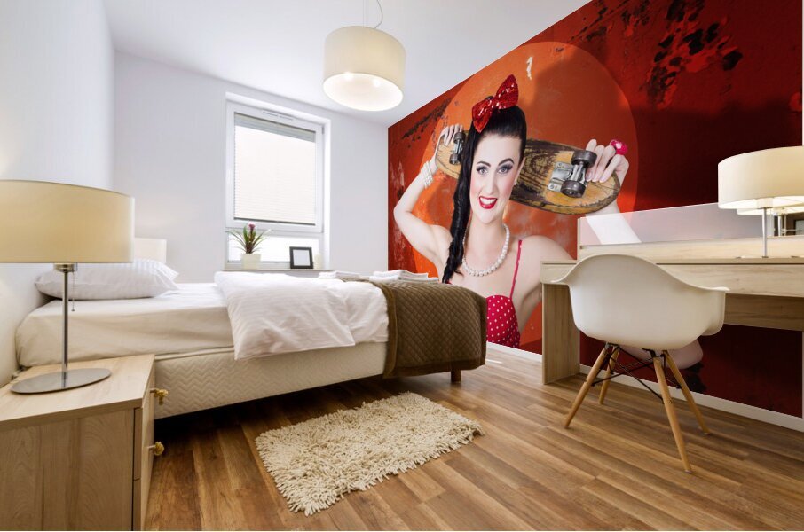 Retro pinup girl holding old wooden skateboard Mural print