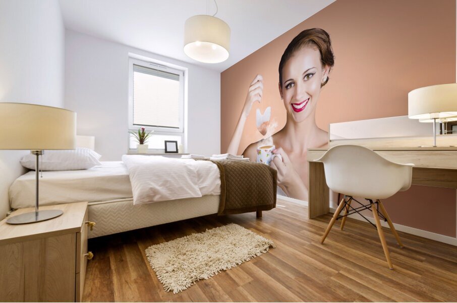 Happy Beautiful Pin Up Girl Drinking Tea Or Coffee Mural print