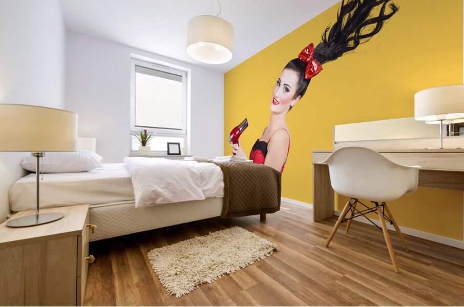 Cute brunette retro woman with hair dryer Mural print