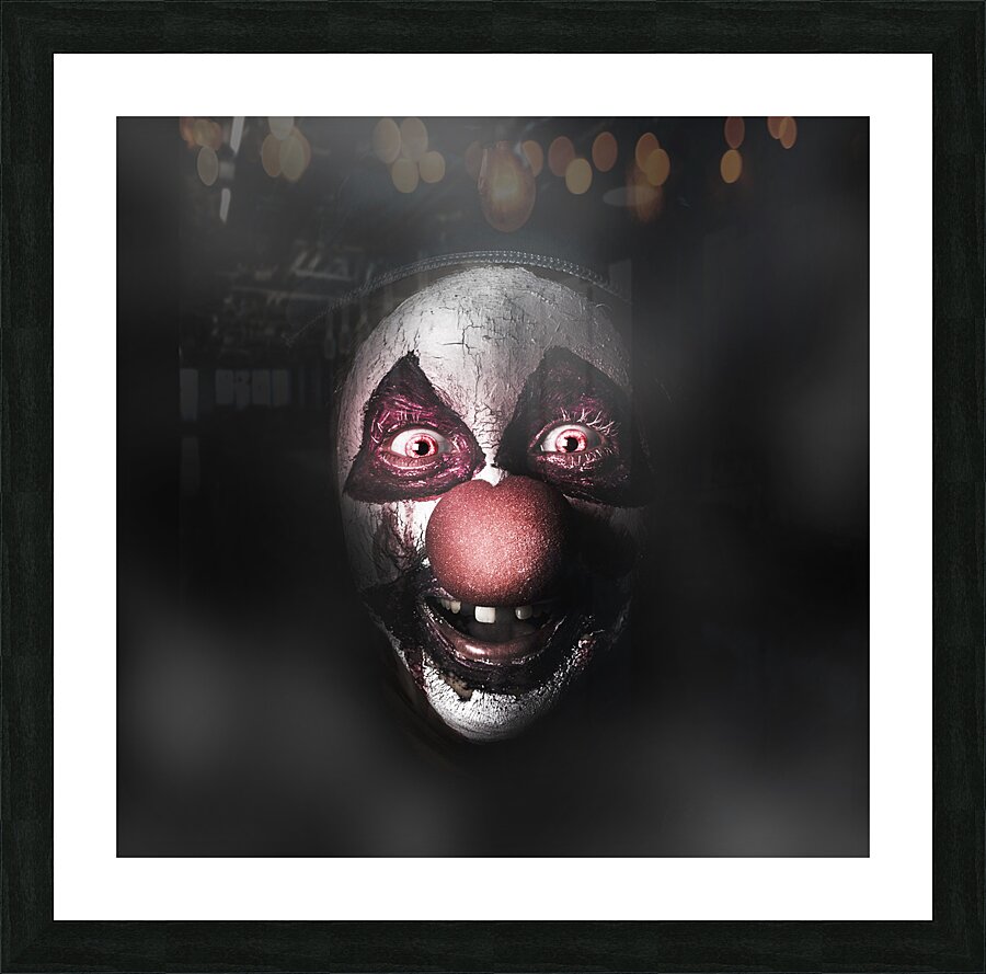 Dark evil clown face with scary joker smile Picture Frame print