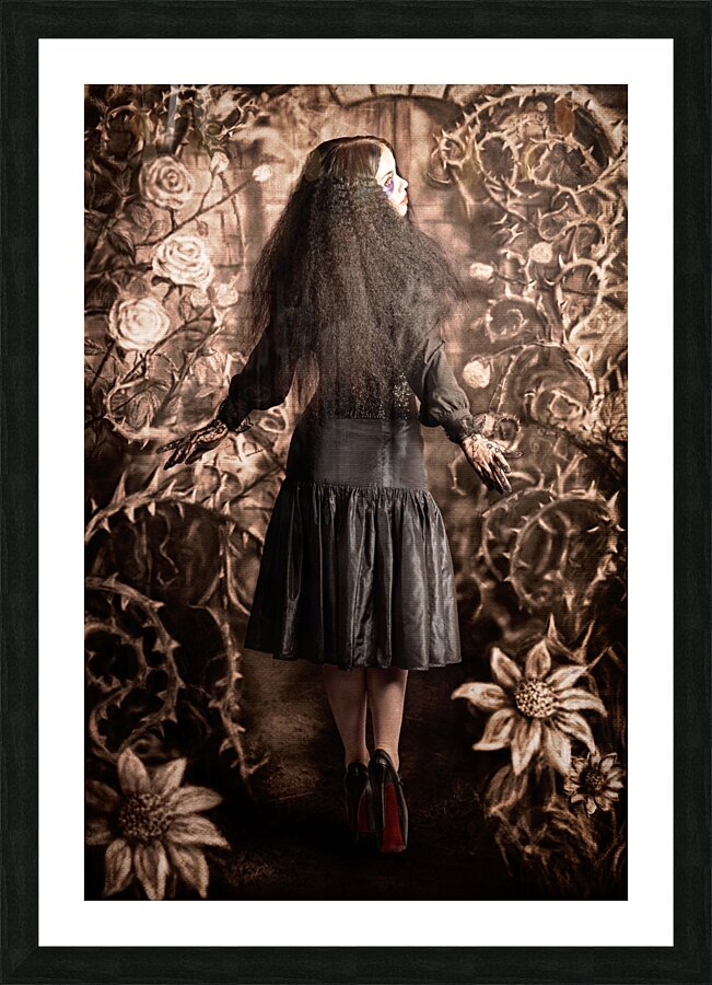 Fairy tale girl walking through secret garden Picture Frame print